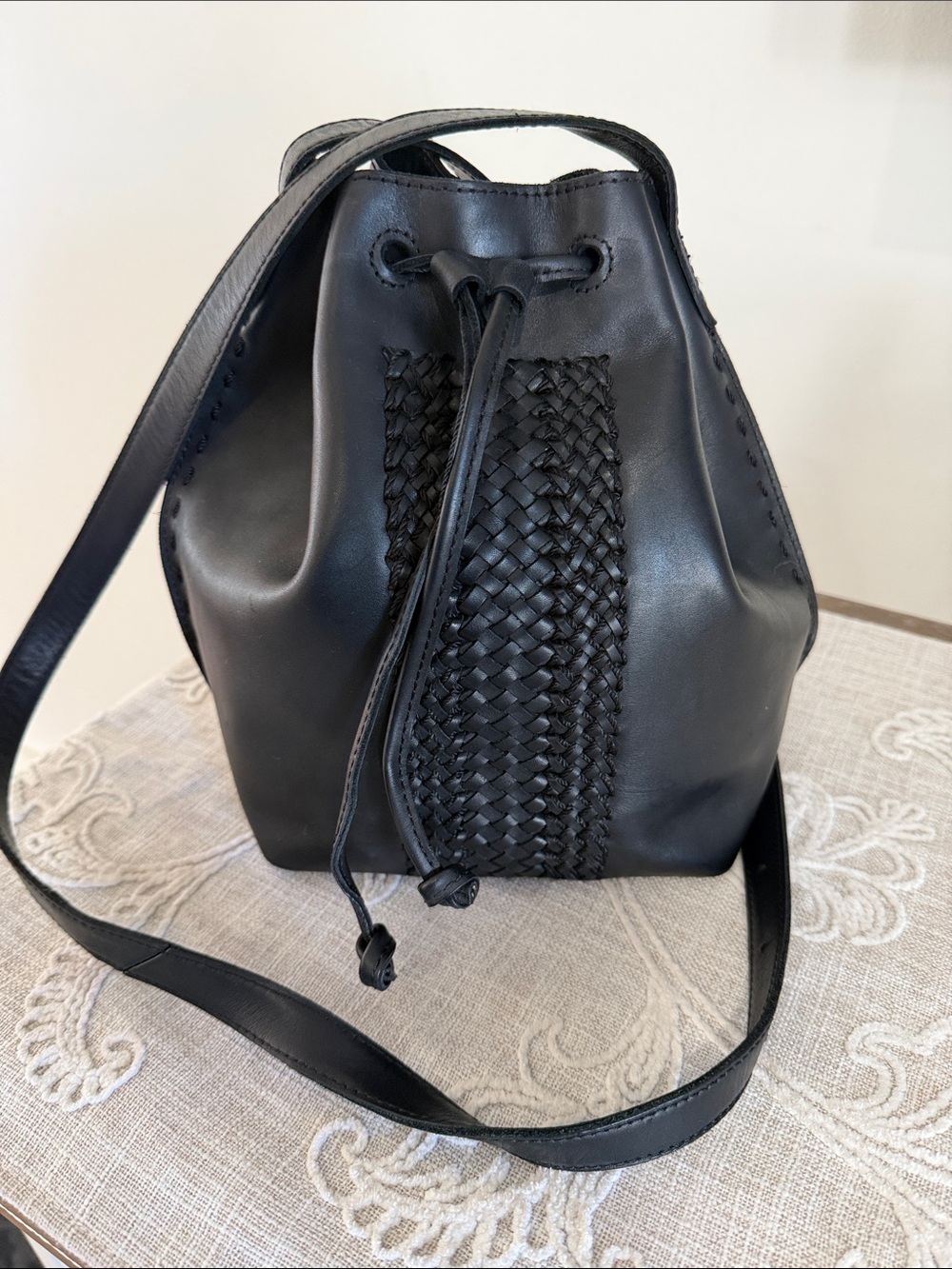 The Sak Ivy Black Leather Woven Detail Drawstring Bucket Bag